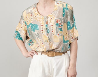 Vintage Silk Blouse, Floral, Abstract Print, Colorful Button Up Shirt, Short Sleeve, Cheerful Pastel Summer Wear, Women L