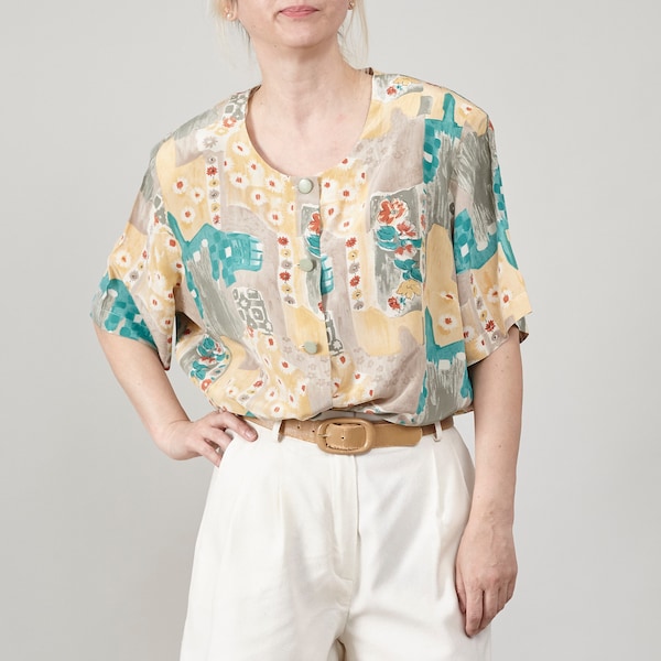 Vintage Silk Blouse, Floral, Abstract Print, Colorful Button Up Shirt, Short Sleeve, Cheerful Pastel Summer Wear, Women L