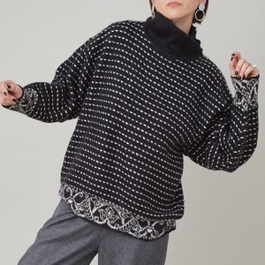 Vintage Black and White Mohair Sweater | Women’s Size M | High Neck Wool Blend Jumper FTV1206