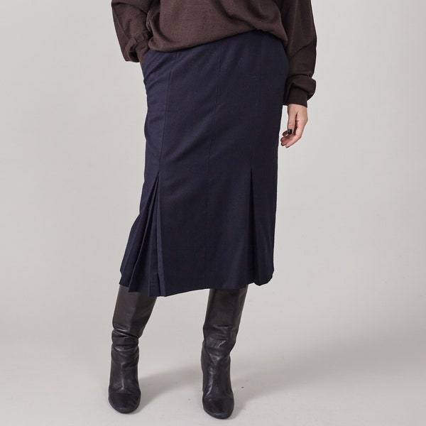 Vintage Navy Wool Midi Skirt for Women Size M - L  | Pencil Skirt with Kick Pleats Skirt, Waist 29"