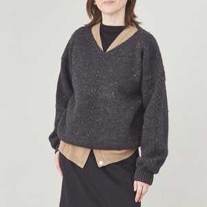 Black Wool Hand Knitted Sweater size L | Chunky Sweater with Cable Knit Details FTV1818