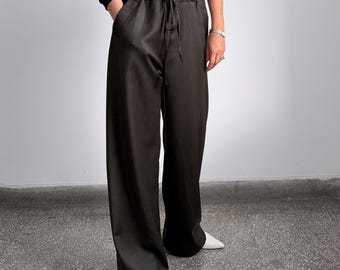 Brown Wool Wide Leg Trousers | Drawstring, Relaxed Tailored Pants