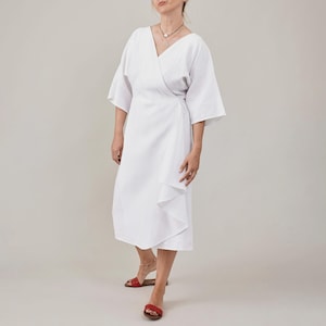 Handmade White Linen Wrap Dress: Half Sleeve Midi with Tie Waist