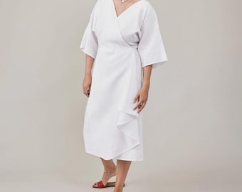 white wrap tie waist puff sleeve midi dress