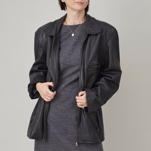 Vintage Leather Coat for Women Size M | Black Leather Jacket with Elastic Waist FTV1228
