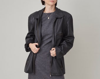 Manteau en cuir vintage pour femme taille M | Veste en cuir noire avec taille élastique FTV1228