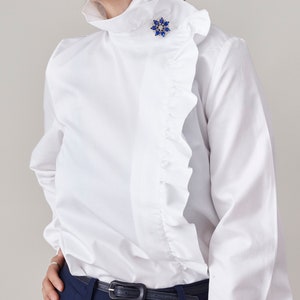 White Cotton Blouse Ladies White Shirt with Ruffled Collar and Cuffs Elegant Office Shirt with Rhinestone Embellishments FTN50_71COT image 9