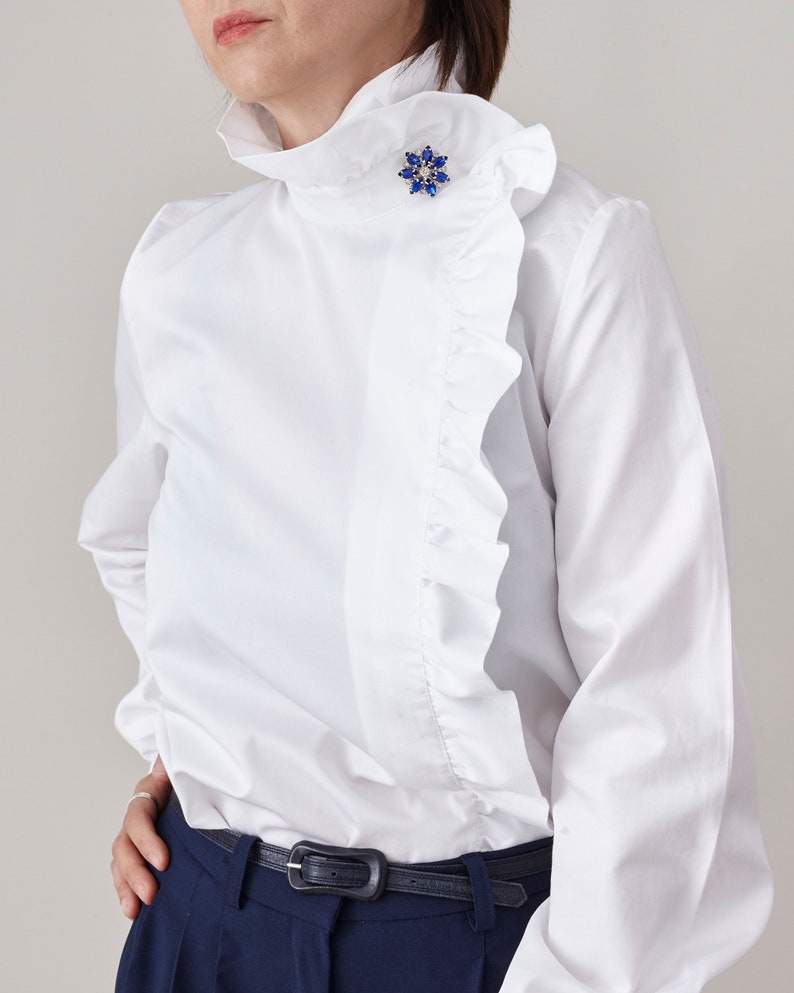 White Cotton Blouse Ladies White Shirt with Ruffled Collar and Cuffs Elegant Office Shirt with Rhinestone Embellishments FTN50_71COT image 9