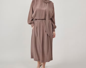 Vintage 100% Silk Skirt Set XXS: Taupe Blouse & Midi Skirt, Made in Italy
