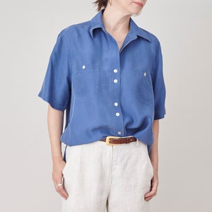 Pure Silk Shirt Size M L Blue Silk Short Sleeve Blouse FTV1455 image 1