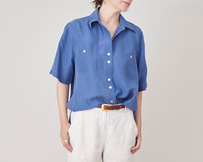 Pure Silk Shirt Size M L Blue Silk Short Sleeve Blouse FTV1455 image 1