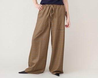 Custom Plaid Wool Wide Leg Pants for Women | Beige Wide Leg Pants with Elastic Waist and Large Patch Pockets