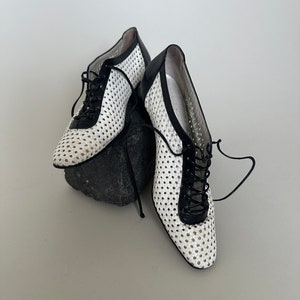 Vintage Woven Leather Shoes Women US7, Two Tone Black and White  Lace UpLow Heels