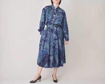 Vintage Silk Dress for Women Size L - XL | Long Sleeve Blue Silk Dress with Silk Lining FTV1447