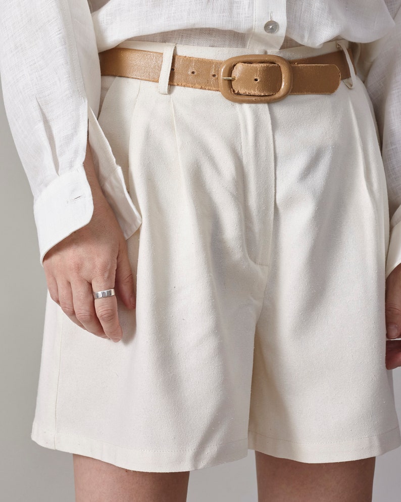 Custom Women's White Silk Shorts: Handmade Bermuda Style with High Waist, Pleats, and Pockets for Summer, Elegant Vacation Shorts image 4