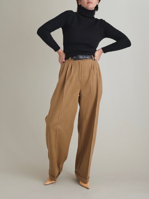 Women Camel Wool Wide Leg Pants 