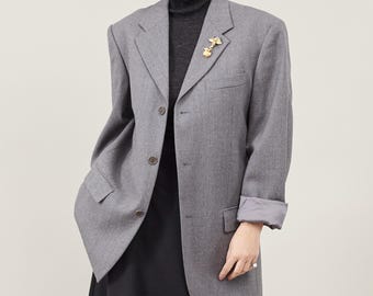 Blazer de lana gris vintage: chaqueta sastre oversize, talla M para mujer