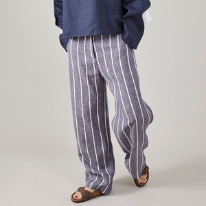 Handmade Coastal Linen Pants for Women | Striped Wide Leg Tailored Trousers
