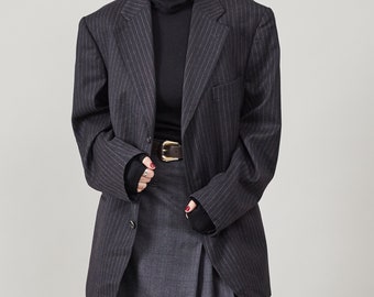 Vintage Dark Grey Pinstripe Wool Blazer | Oversized Mannish Style | Wool, Cashmere Cerutti Fabric | Men's Size 50 FTV2100