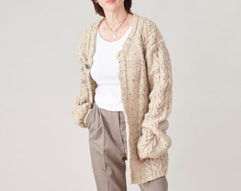 Vintage Beige Wool Hand Knitted Cardigan Size XXL | Light Beige Cable Knit Crew Neck Cardigan with Metallic Buttons FTV1477