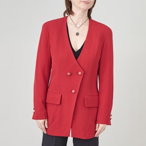 Vintage Karl Lagerfeld Red Wool Blazer for Women Size M | Deep V Neckline Red Blazer, Double Breasted Design FTV1913