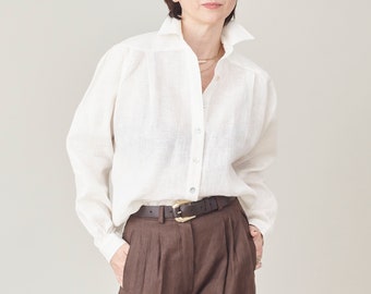 Custom Made White Linen Blouse for Women | Long Sleeve Linen Blouse with Shoulder Pleats