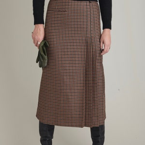 Wool Pleated Skirt for Women Plaid Brown Wool Skirt below the knees with one welt pocket, belt loops. Fully lined. FTN59_100WOL image 7