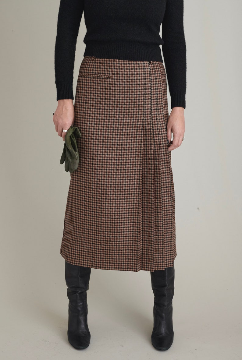 Wool Pleated Skirt for Women Plaid Brown Wool Skirt below the knees with one welt pocket, belt loops. Fully lined. FTN59_100WOL image 7