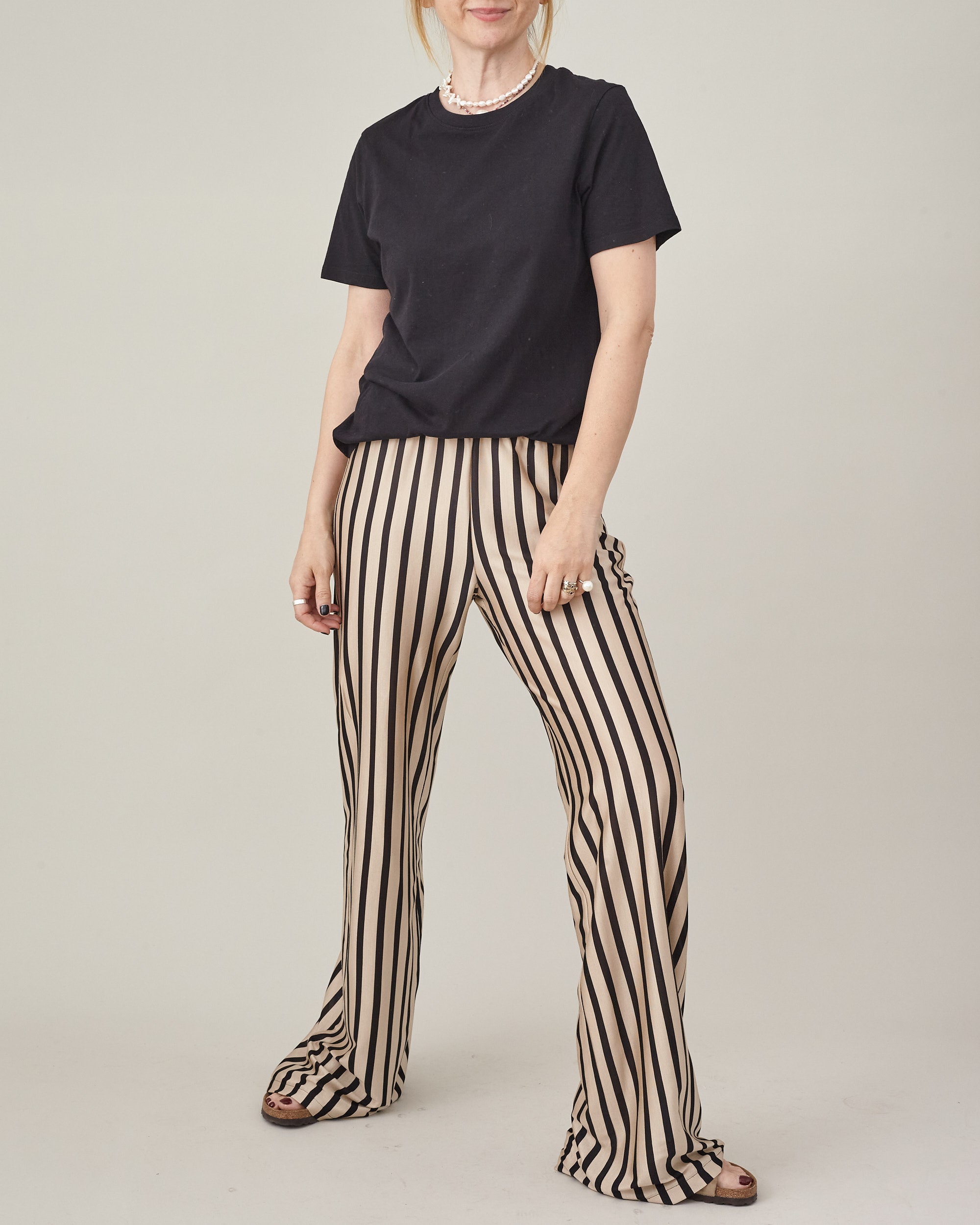 for and Etsy Pants Flare Elastic - With and Jersey Print Women Black Waist Beige Silk Striped Fit