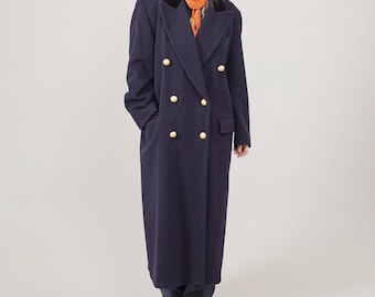 Vintage Wool Cashmere Overcoat: Dark Navy Double-Breasted Winter Coat, US10
