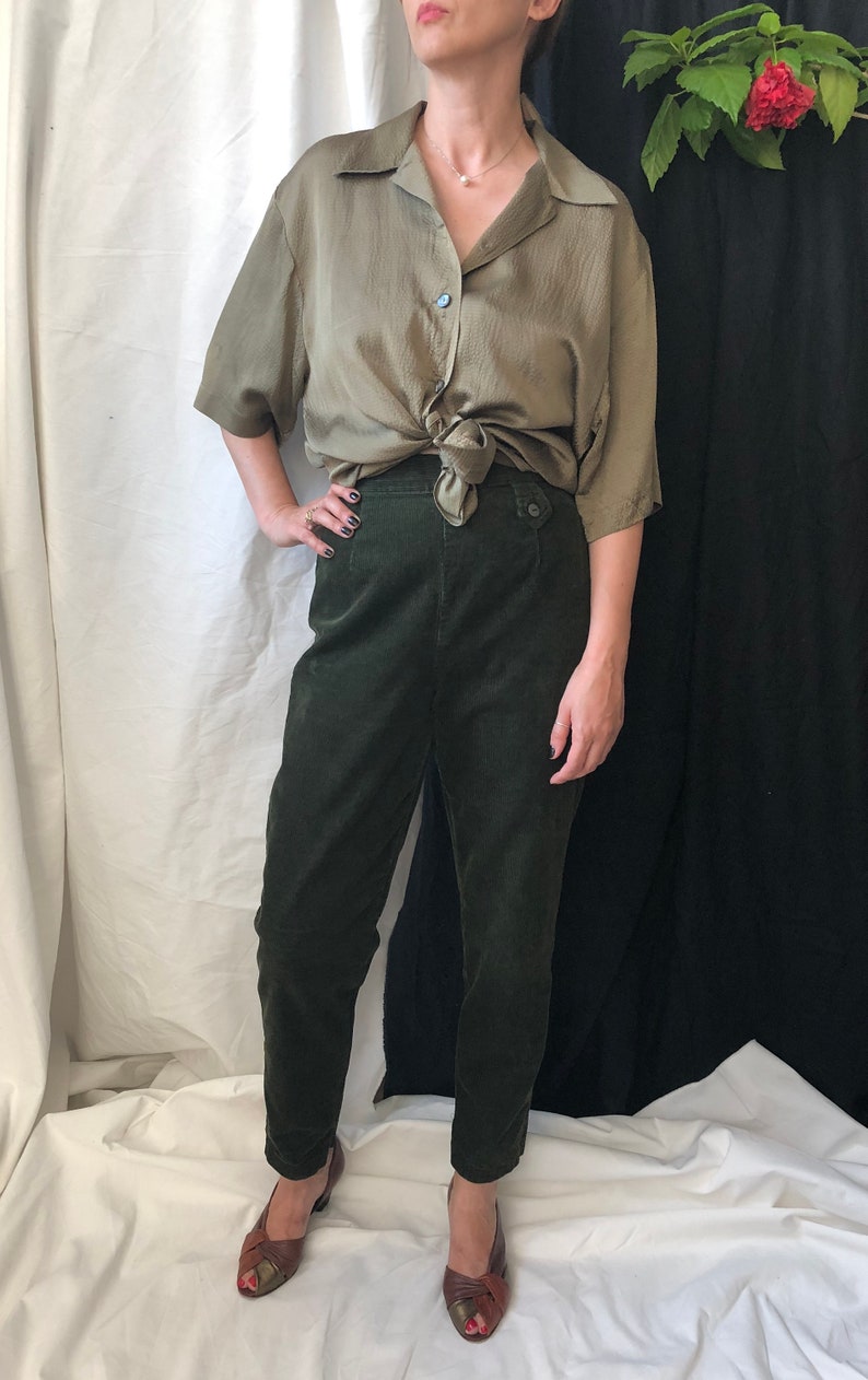 Back Zipper Pants Vintage Corduroy Pants Vintage Silk Blouse Vintage Outfit Size XS S High Waist Pants