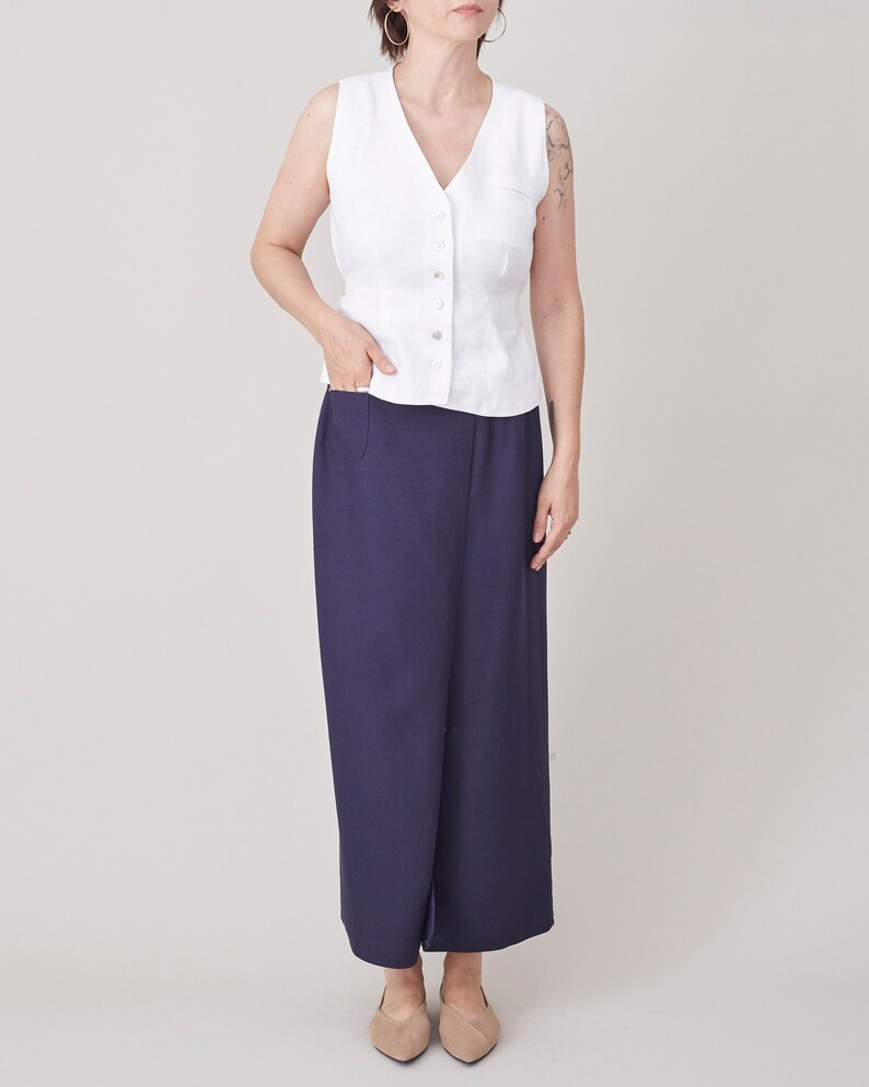 Vintage Linen Wrap Skirt for Women Size XS Navy Long Wrap Linen Skirt FTV1444 image 2