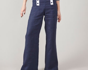 Linen Sailor Pants for Women - High Waist, Fit & Flare, Available in More Shades of Blue, Summer Hippie Pants