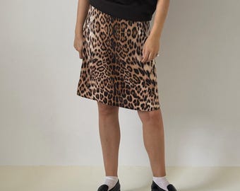 Falda de seda con estampado de leopardo, corte A, hasta la rodilla, acabado mate