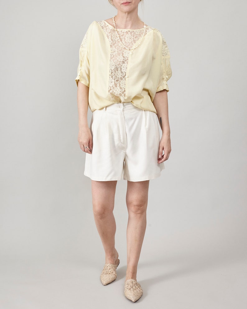 Vintage Butter Yellow Silk Blouse, Lace Detail, Oversized Fit, Women's S-L, Perfect for Summer and Daily Chic image 3
