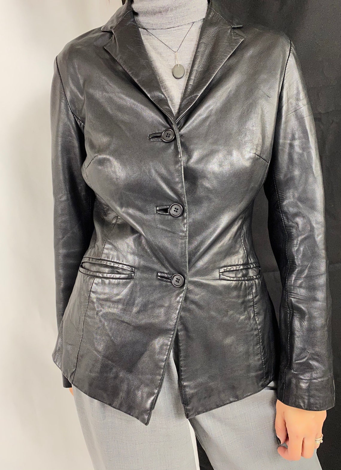 Veste Vintage En Cuir Noir Femme - Taille L, Style Blazer 3/4, Occasion Très Bon état