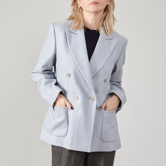 Vintage Max Mara Wool Blazer Baby Blue Herringbone Wool Double