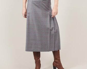 Plaid Wool Pleated Midi Skirt: Elegant A-Line Workwear