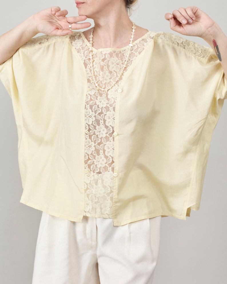 Vintage Butter Yellow Silk Blouse, Lace Detail, Oversized Fit, Women's S-L, Perfect for Summer and Daily Chic image 10