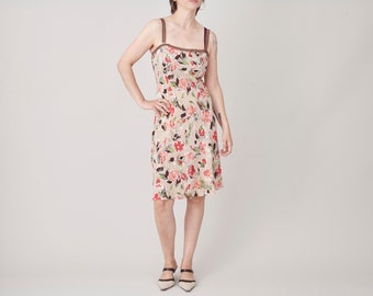 Vintage Silk Slip Dress for Women Size IT42 (S) | Beige, Floral Print Silk Dress
