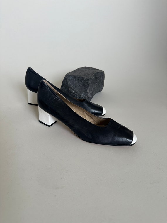 Vintage Two-Tone Leather Pumps: Black & White Block Heel Shoes, US 11 / EU 41