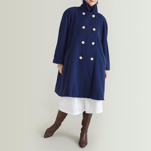 Manteau vintage en laine cachemire pour femme Taille M | Manteau double poitrine en laine marine FTV1145