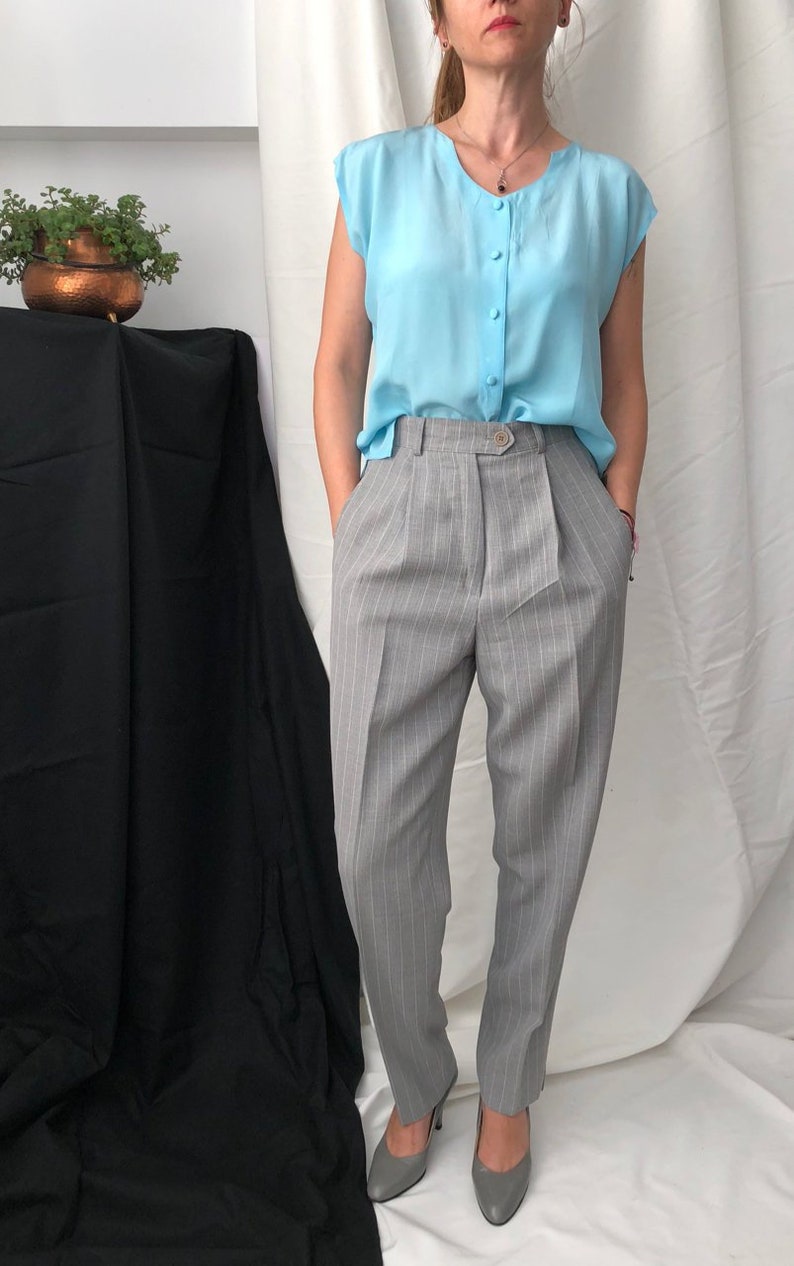 Vintage Blue 100/% Silk Blouse Size M L