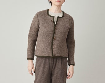 Vintage Wool Cardigan for Women Size XS - S | Brown Wool Cardigan with Olive Trimmings FTV1267