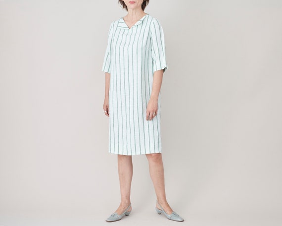 Vintage Striped Linen Shift Dress: Elegant Xs-S Summer Office Wear