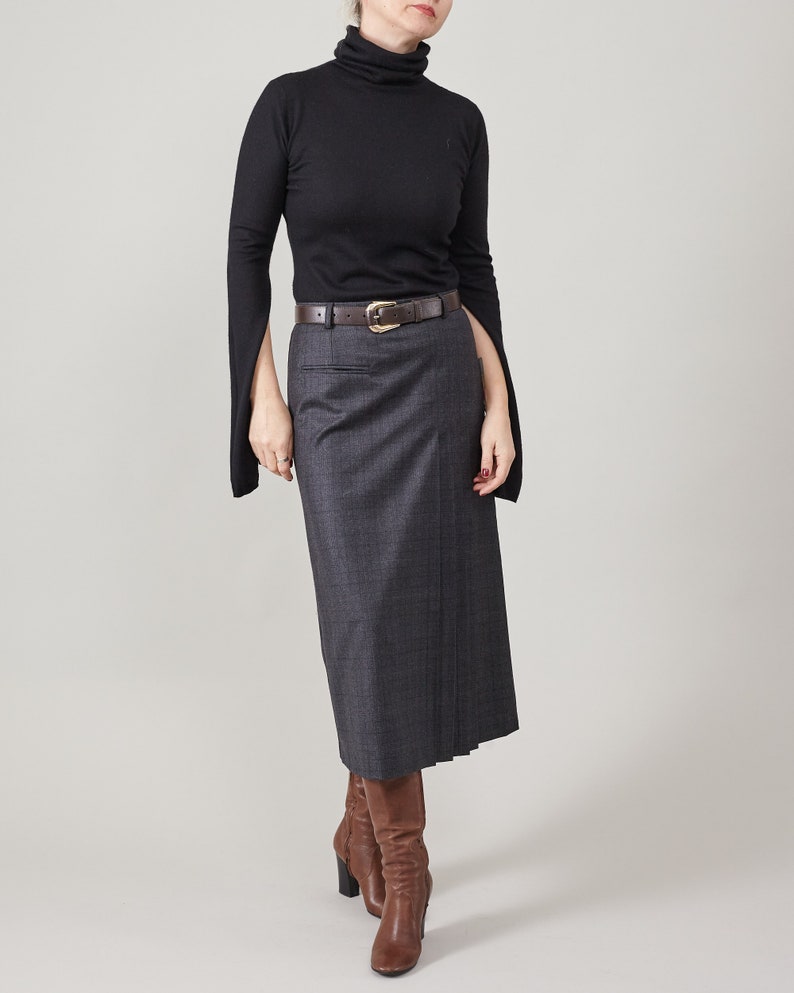 Wool Pleated Skirt for Women Plaid Brown Wool Skirt below the knees with one welt pocket, belt loops. Fully lined. FTN59_100WOL image 2
