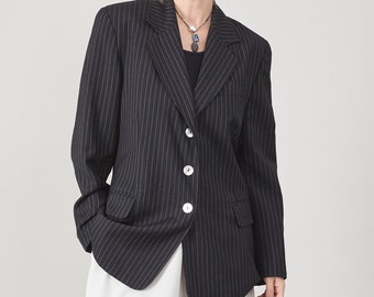 Striped Black Wool Blazer - Women's Size M (IT44), Single Breasted, Made in Italy, Versatile for All Seasons