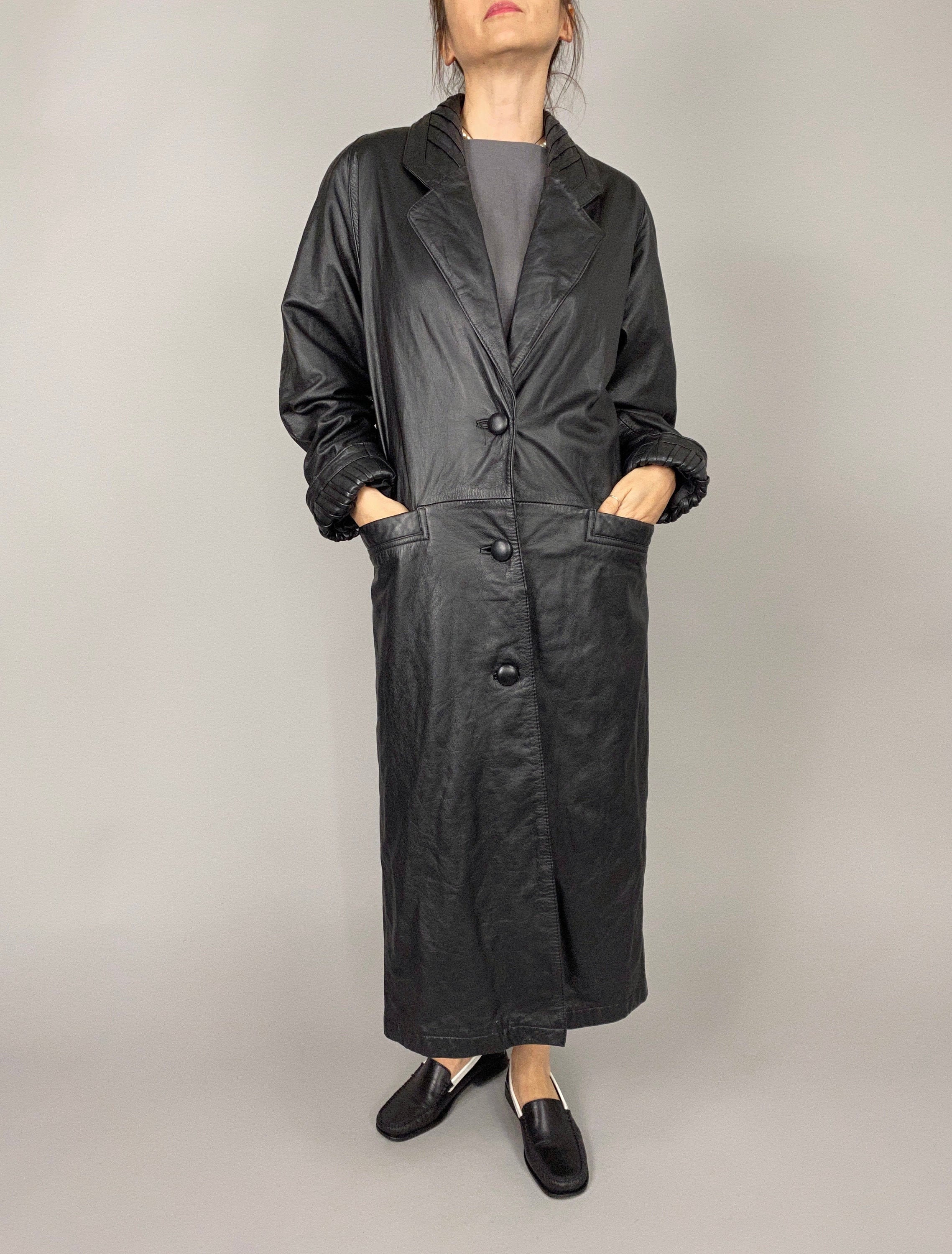 Vintage Black Leather Coat for Women Size S, Long Leather
