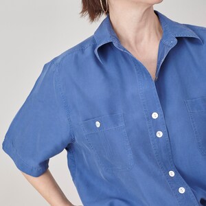 Pure Silk Shirt Size M L Blue Silk Short Sleeve Blouse FTV1455 image 8