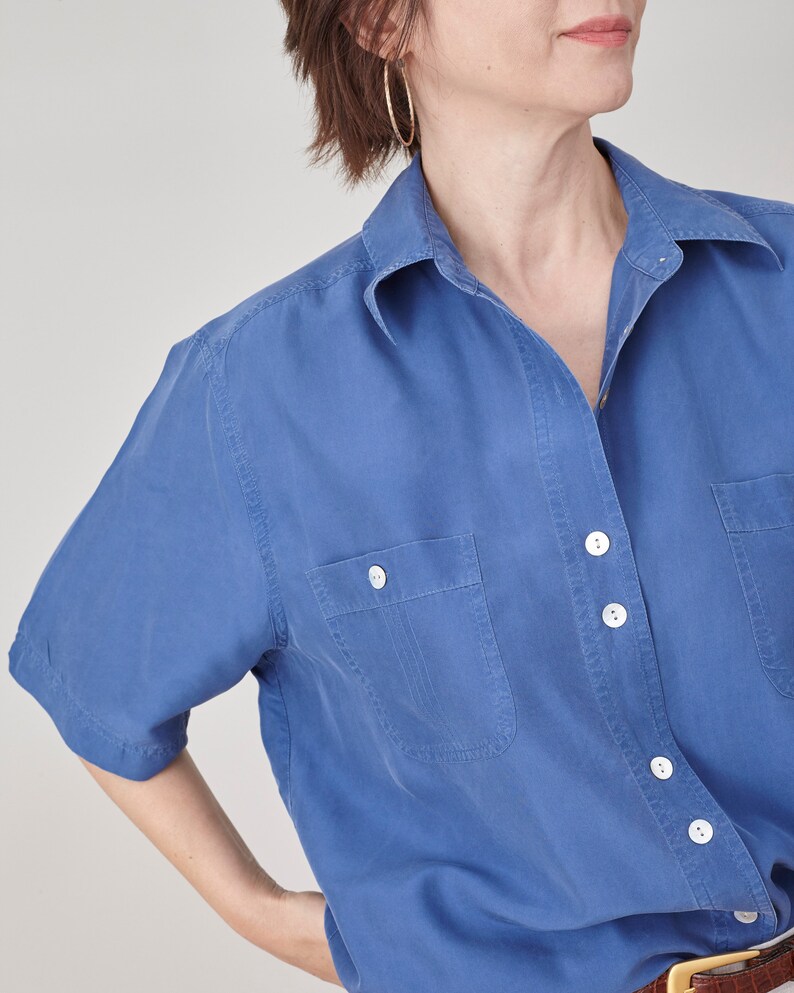 Pure Silk Shirt Size M L Blue Silk Short Sleeve Blouse FTV1455 image 8